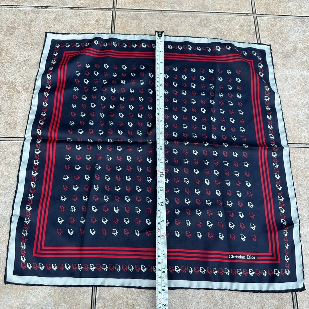 Christian Dior Blue Red White Silk Allover Logo Print Bordered Hand Roll Scarf